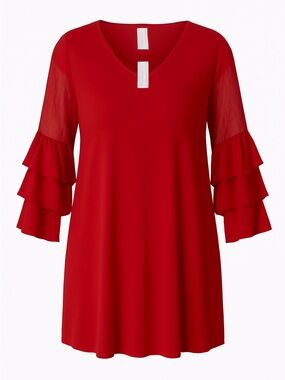 Women's Red V-Neck Tiered-Ruffle Tunic